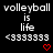 Pixelated text reads "volleyball is life" with a heart symbol and repeated <33333333 sequence on black background.