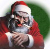 Static image of a cartoonish Santa Claus figure with exaggerated features, wearing traditional red and white attire, holding a pipe in his mouth against a green background.
