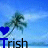 Animated sequence of a tropical beach scene with palm trees, blue sky, and ocean background featuring changing heart symbols above the text 'Trish' in black font.