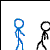 Animated sequence of two stick figures interacting: blue figure approaches black figure, then both move toward each other before the black figure bends over.