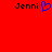 Red background with two black 'Jenni' text labels, one paired with a blue pixelated heart symbol.
