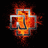 A pixelated cross-shaped icon with metallic borders and fiery orange-red glow, set against a black background.
