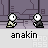 Pixel art animation of two figures with white spherical heads and black bodies engaged in a lightsaber duel against a gray circuit board background, with text 'anakin' below each frame.