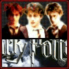 Animated sequence of three figures in dark robes with red ties against a background, text below changes from 'Harry Potter' to 'Prisoner' and 'Azkaban'