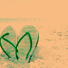 Two green flip-flops on a sandy beach with a light orange sky background.