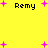 Yellow background with four instances of the text 'Remy' in black pixelated font surrounded by pink plus signs and small dots.