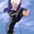 Pixelated figure in dark clothing with light hair, holding a glowing object against a blue gradient background.
