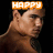 A four- of a shirtless man with dark hair against a black background, with orange text reading HAPPY and HALLOWEEN at top and bottom