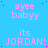 A static image with a bright blue background displays repeated text in pink and white pixelated fonts, including 'ayee babyy' and 'its JORDAN!', with scattered purple dots.