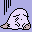 Pixel art contact sheet showing two frames of a ghost-like character with closed eyes and pink feet against a light purple background, each frame featuring vertical black lines on the left side.