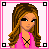 Pixel art contact sheet of a female character in various poses and expressions with text frames, all within pink-bordered squares on a gray background.