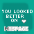 Pixelated teal background with white text "YOU LOOKED BETTER ON" and gray "MYSPACE" below, featuring a heart symbol that changes color across frames.