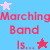 Pixelated blue background with red and pink stars, displaying text fragments 'Marching Band', 'Is...', and 'Awesome' in pixelated font.