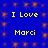 Blue background with orange pixelated squares; yellow text "I Love Marci" repeated in four positions.