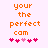 Pixelated orange text 'your the perfect cam' on light pink background with five pink hearts below, two variations of heart positions.
