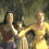 Animated sequence showing two figures in yellow and purple clothing interacting with a smaller figure, transitioning from standing to embracing poses against a dark green background.