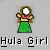 Pixelated character with brown hair, white face, pink necklace, yellow top, green skirt; text below reads "Hula Girl".