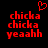 Red pixelated text 'chicka chicka yeahh' with a red heart symbol above on black background.