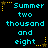 Pixelated text displays 'Summer two thousand and eight' in cyan on black, with yellow star accents; animation cycles between static and glowing states.