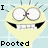 Pixelated yellow cartoon face with large white eyes, black teeth, and spiky gray hair against light blue background, with text "I" and "Pooted".