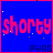 Blue background with pink border, red text 'shorty' and black text 'PYRO', scattered white and dark pixels across the image.