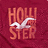 Red background with orange text reading 'HOLLYSTER' and a white stylized bird or wing graphic overlapping the letters.