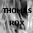 Black-and-white pixelated image with repeated text 'THOMAS' and 'ROX' over a blurred background, showing partial cropping in lower-left view.