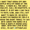 Yellow background with repeated text about a 'kinda guy' and butterflies, featuring blue and white text elements.