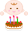 Pixelated character with crown, pink cheeks, and cake with three candles in various expressions including smiling, neutral, and closed eyes.