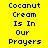 Yellow background with blue pixelated text reading "Coconut Cream Is In Our Prayers" arranged in a , where green rectangles highlight different sequentially