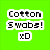 Green background with pixelated text reading Cotton Swabs! xD above a close-up of white cotton swab tips and green foliage.