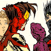 Animated comic-style character showing a red-skinned figure, a green-helmeted figure, and a brown-haired figure in motion with speech bubbles