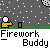 Pixel art animation of a yellow figure lighting fireworks against a gray starry background with green grass, text reads "Firework Buddy" below.