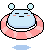 Pixelated character with light blue face and ears, wearing pink-and-white striped ring float, standing on gray background with small blue puddles.