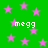 Green background with scattered pink stars and repeated white text 'megg' in pixelated font.