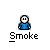 Pixelated character in blue shirt with white face and black eyes, performing smoke-related actions
