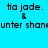 Four identical pixelated text arranged in a , each displaying "tia jade. & unter shane" on distinct background colors