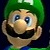 Pixelated close-up of a character with green hair, blue eyes, and a wide smile showing teeth, wearing a blue shirt under a green cap.