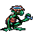 Green pixelated creature with orange accents, wearing a blue and red headband, holding a small blue object in its right hand against gray background.