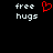 Pixelated text 'free hugs' in white on black background with red heart symbol between two identical text blocks.