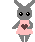 Pixel art contact sheet of a gray rabbit character in pink dress with heart, showing five animation frames on gray background.
