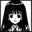 Black-and-white pixelated image of a character with long dark hair and bangs, next to stylized text on a black background.