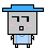 Pixelated character with blue hat and light blue shirt, showing two facial expressions: one with raised eyebrows and open mouth, another with flat eyes and closed mouth.