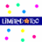 Static image of a horizontal blue banner with repeated text and small colored squares scattered above and below it on white background.
