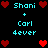 Pixel art displays 'Shani + Carl Deever' text with red hearts on black background, two identical side-by-side layouts with heart positions shifting between frames.