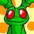 Animated contact sheet of a green cartoon character with red eyes blinking across six frames on a yellow and orange clover-patterned background.