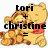 Pixelated Winnie the Pooh figure with red shirt, two text overlays: 'tori + christine =' on left and 'SiSTeRs FOR LiFE' on right.