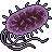 Pixelated jellyfish-like creature with purple and brown hues, multiple tentacles, and spiky protrusions on a gray background.