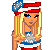 Pixel art contact sheet showing three frames of an animated patriotic-themed doll icon with red, white, and blue color scheme.