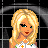 Pixel art icon of a blonde woman with green eyes and red lips, wearing a white top with colorful symbols over dark pants, standing against a black background
